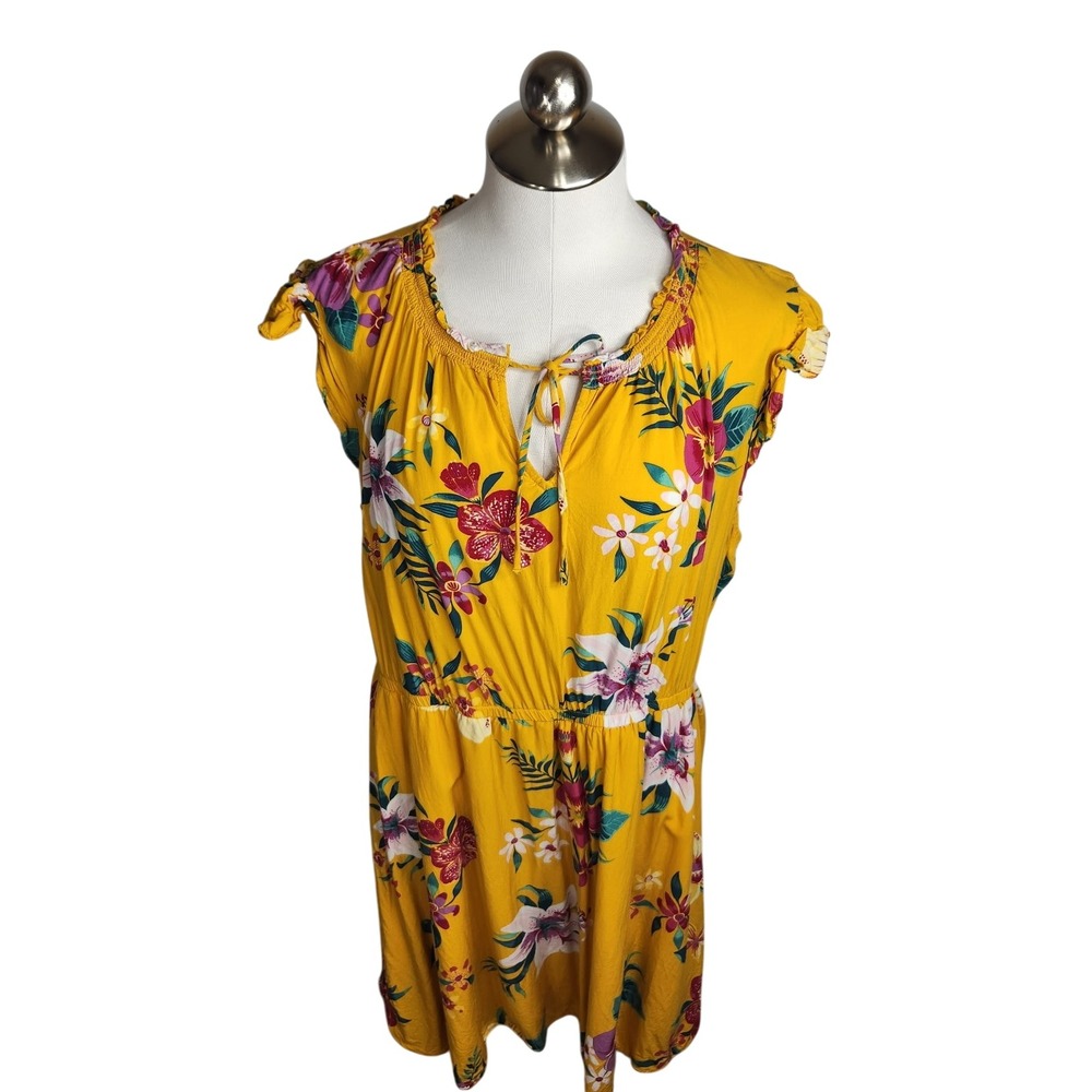 Old Navy Flutter Sleeve Dress Womens XL Yellow Floral Rayon Mini Tropical Bright
